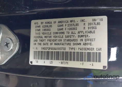 2010 Honda Accord Lxp z USA, uszkodzony, nr VIN 1HGCP2F40AA193732